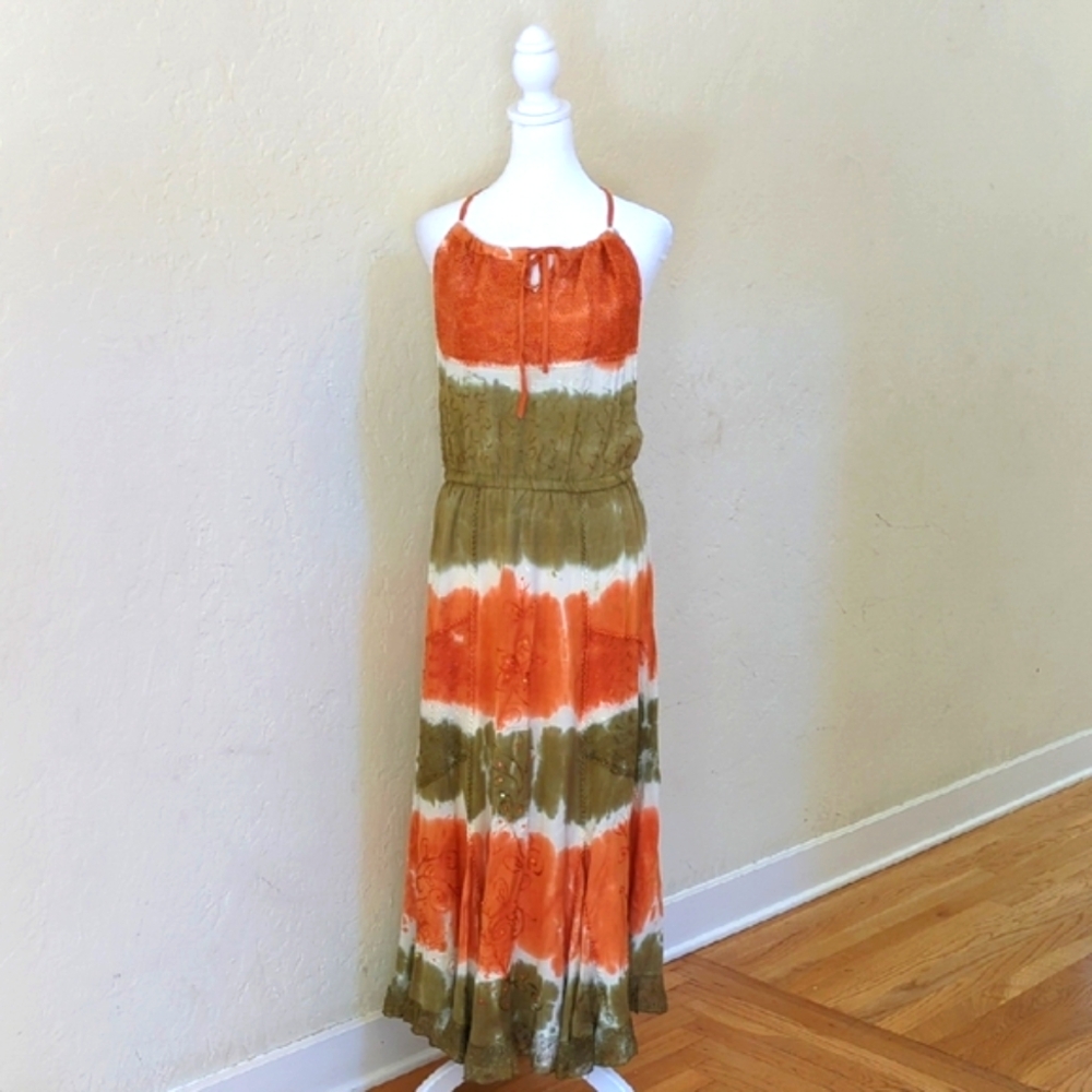 RAGA Orange Green Tie-Dye Crochet Embroidery Sequin Halter Maxi Dress Size Large